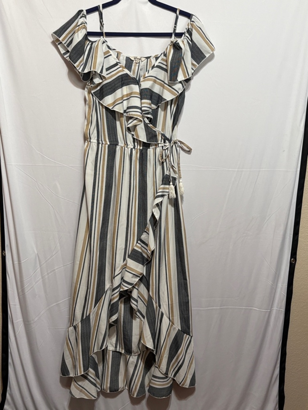 Striped Ruffle High-Low Wrap Dress in Cream, Black & Tan XL